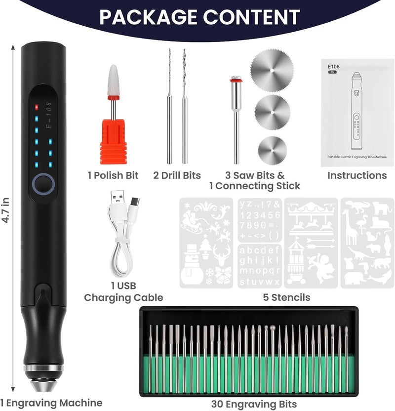 Timntts Electric Engraving Pen with 37 Bits, USB Rechargeable Cordless Etching Engraving Tool, Portable DIY Rotary Engraver for Jewelry Wood Glass Stone Carving (Black) - Image 3